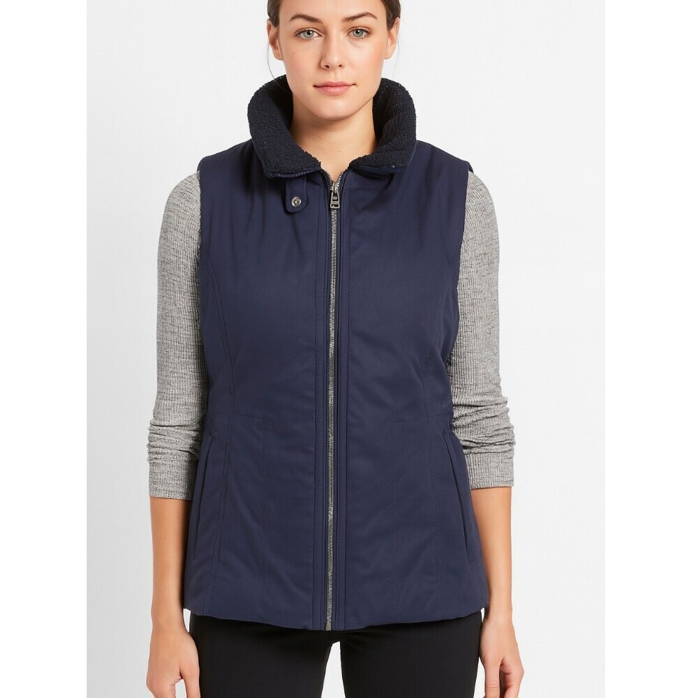 Banana Republic puffer vest black women's SZ SM Sherpa collar pockets Quilted